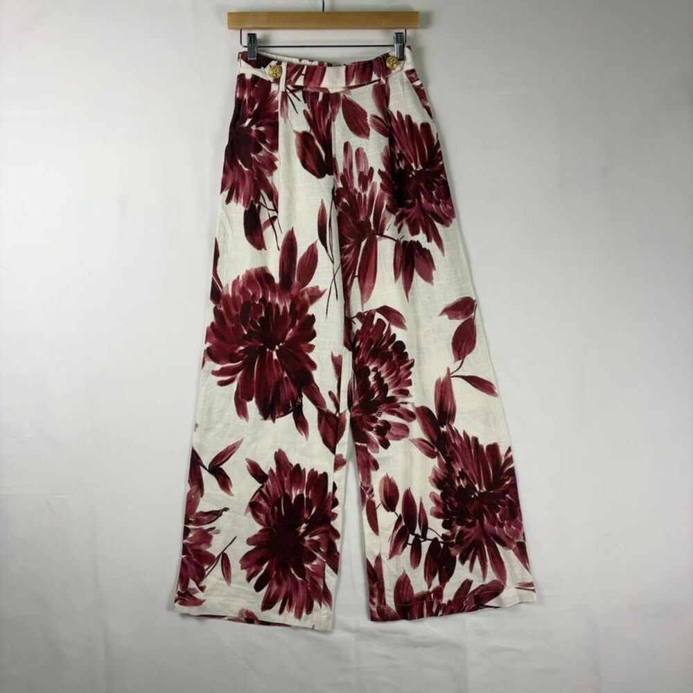 MODA ME COUTURE Burgundy Casual Women's Floral Print Straight Leg Wide Pants